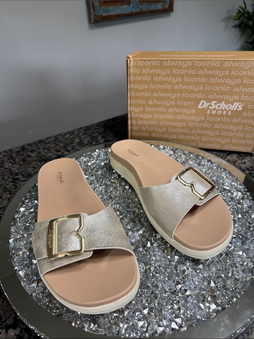 Dr. Scholl's All Right Metallic Gold Buckle Slide Sandals clogs NEW 8
